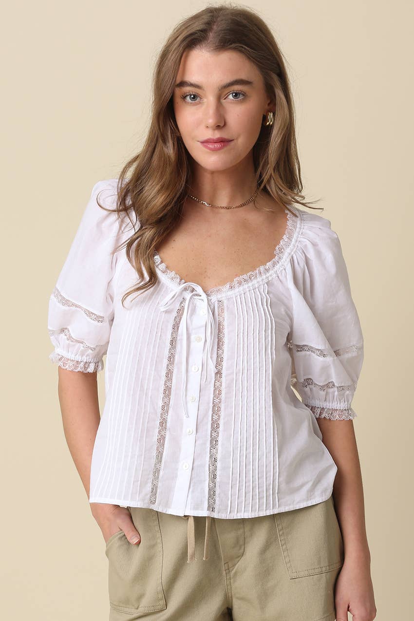 White Tie-Front Pintuck Blouse