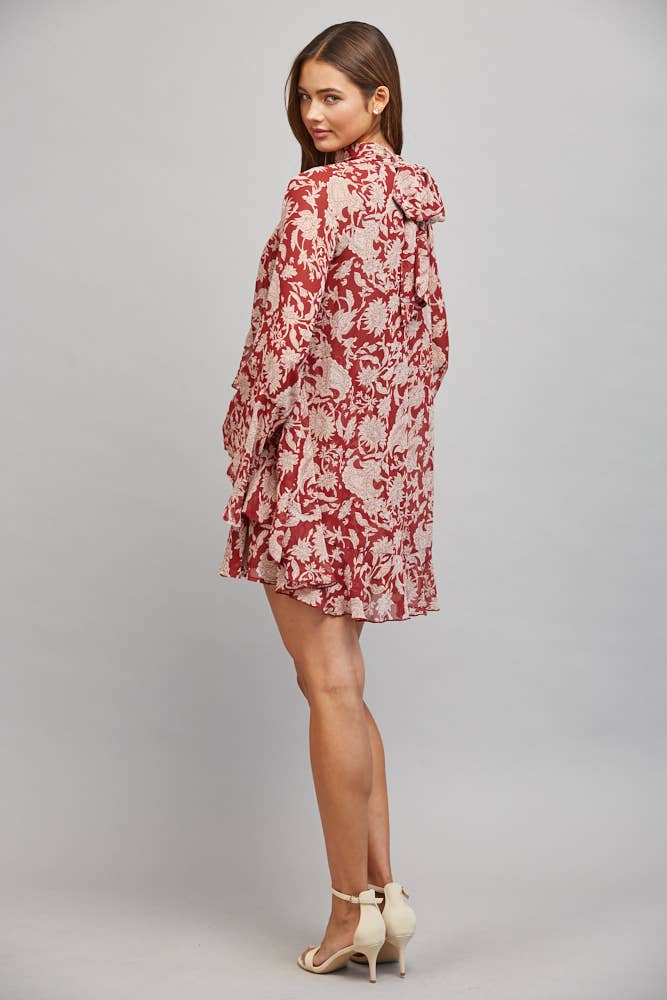Red Floral Neck Tie Mini Dress