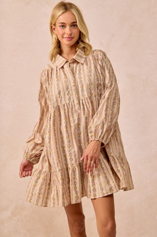 Cream Floral Print Buttoned Shirt Dress