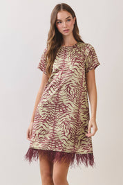 Red Feather Trim Printed Shift Dress
