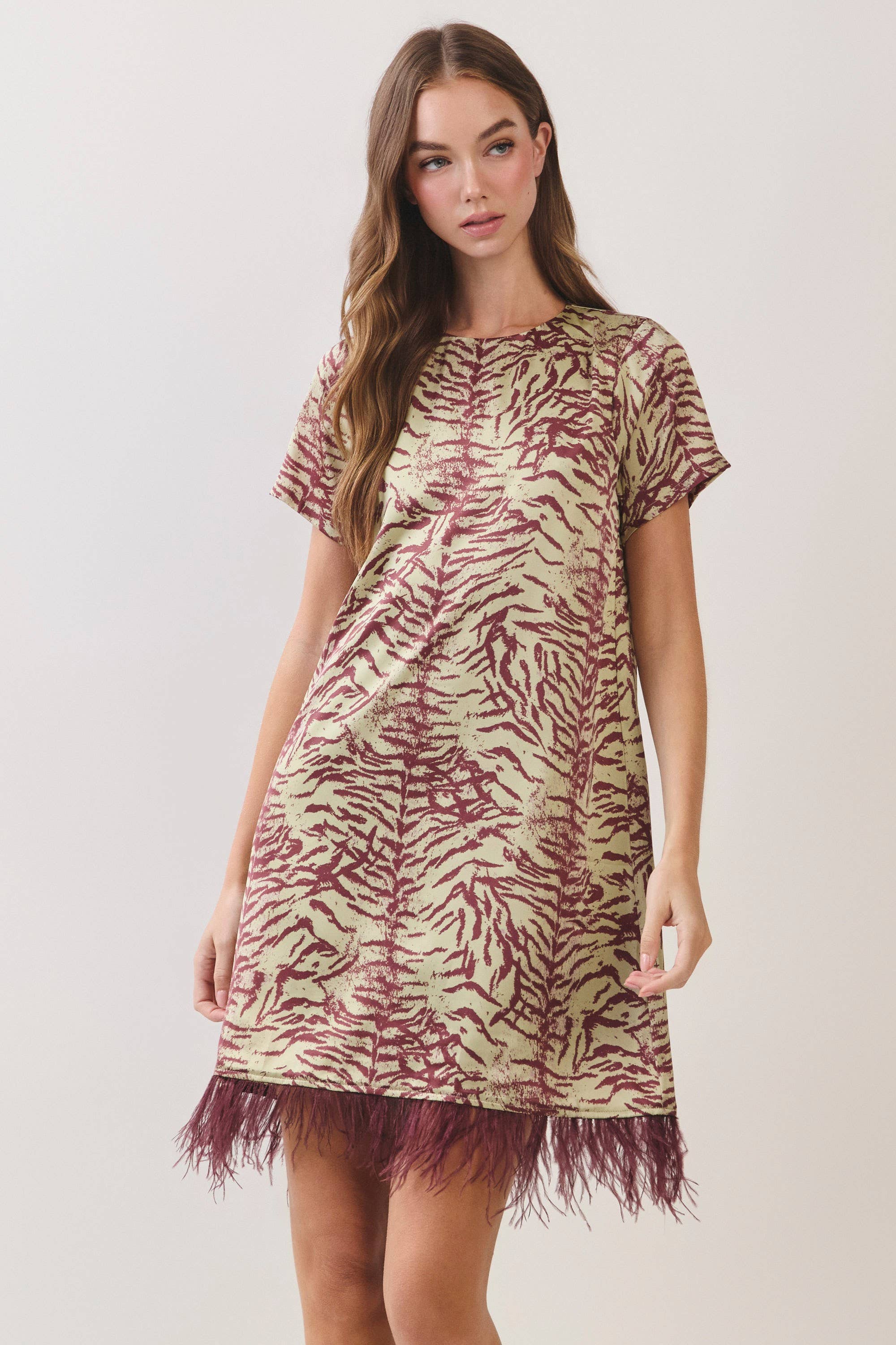 Red Feather Trim Printed Shift Dress