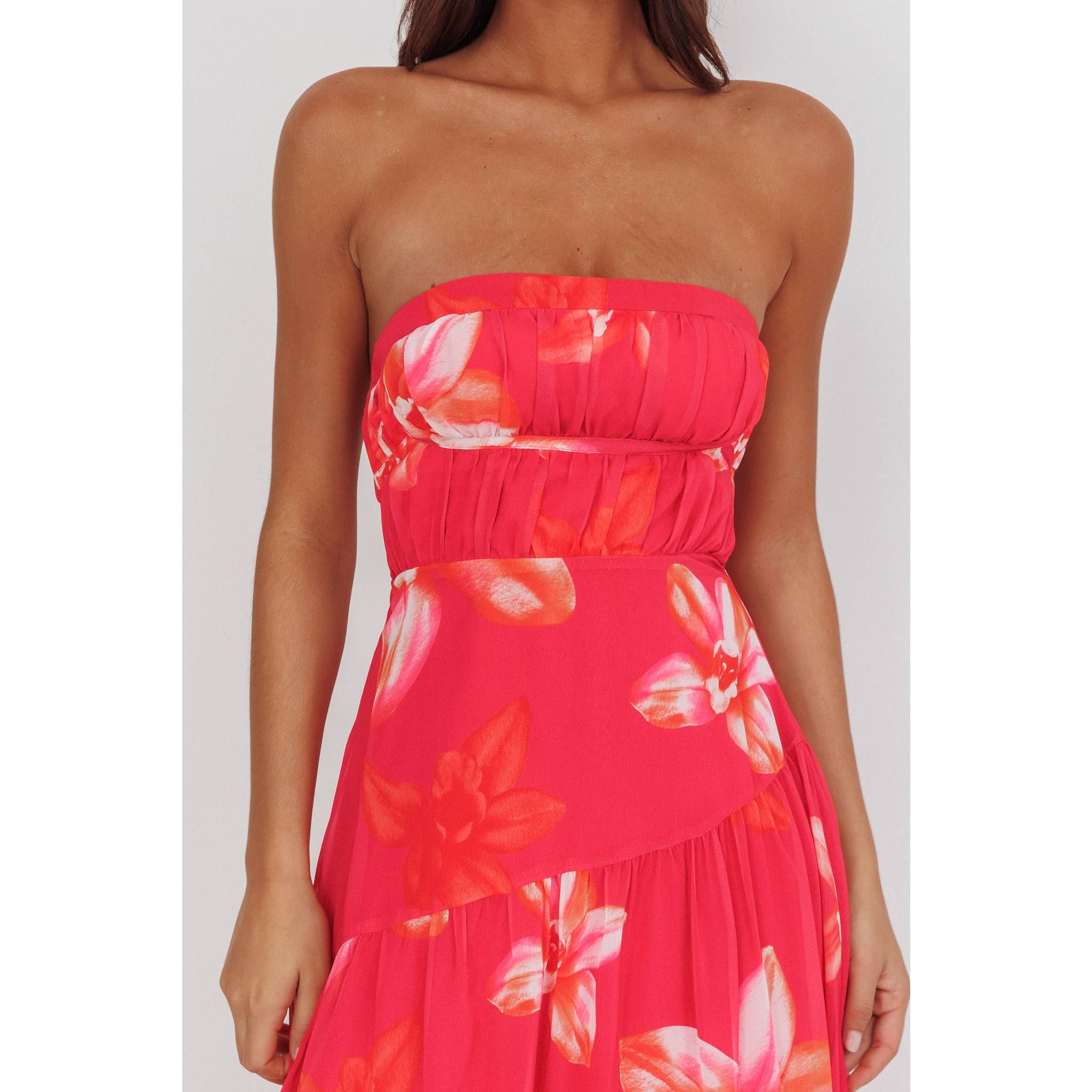 Hot Pink Strapless Floral Midi dress