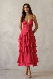 Pink Lace Trim Tiered Midi Dress