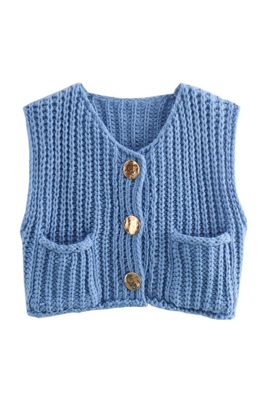 Blue Solid Round Neck Sweater Vest