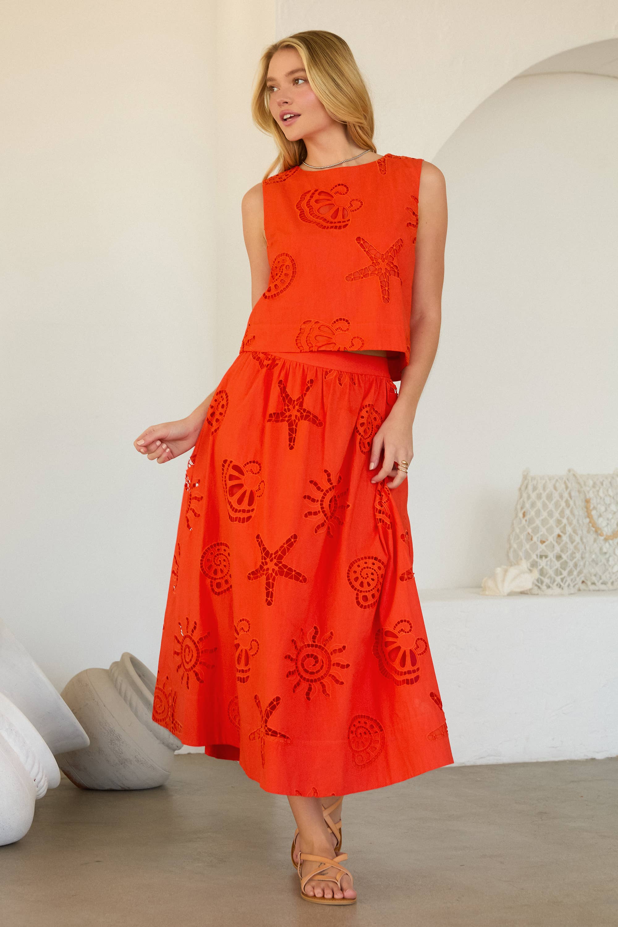 Orange Coastal Eyelet Lace Skirt Set