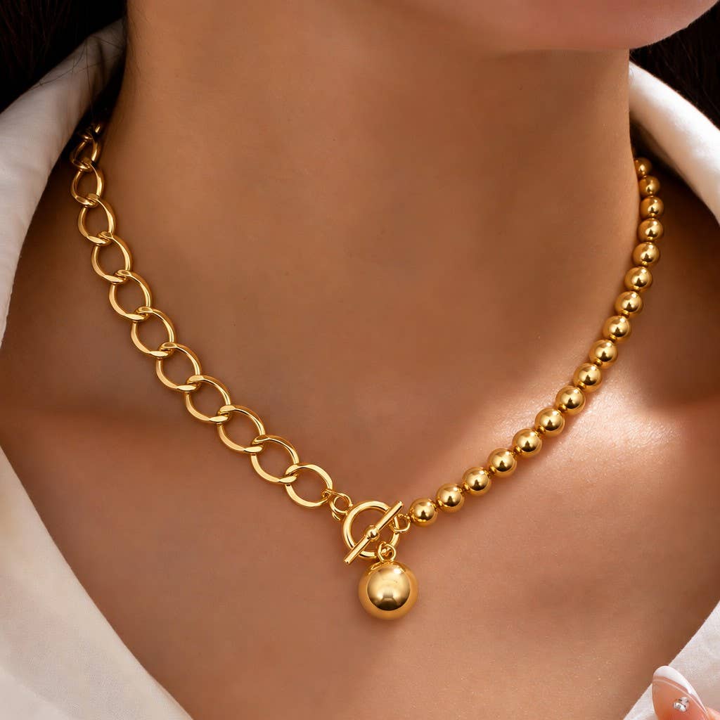 Gold Mixed Link Ball Pendant Necklace