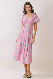 Pink Tropical Puff Sleeve Midi Dress