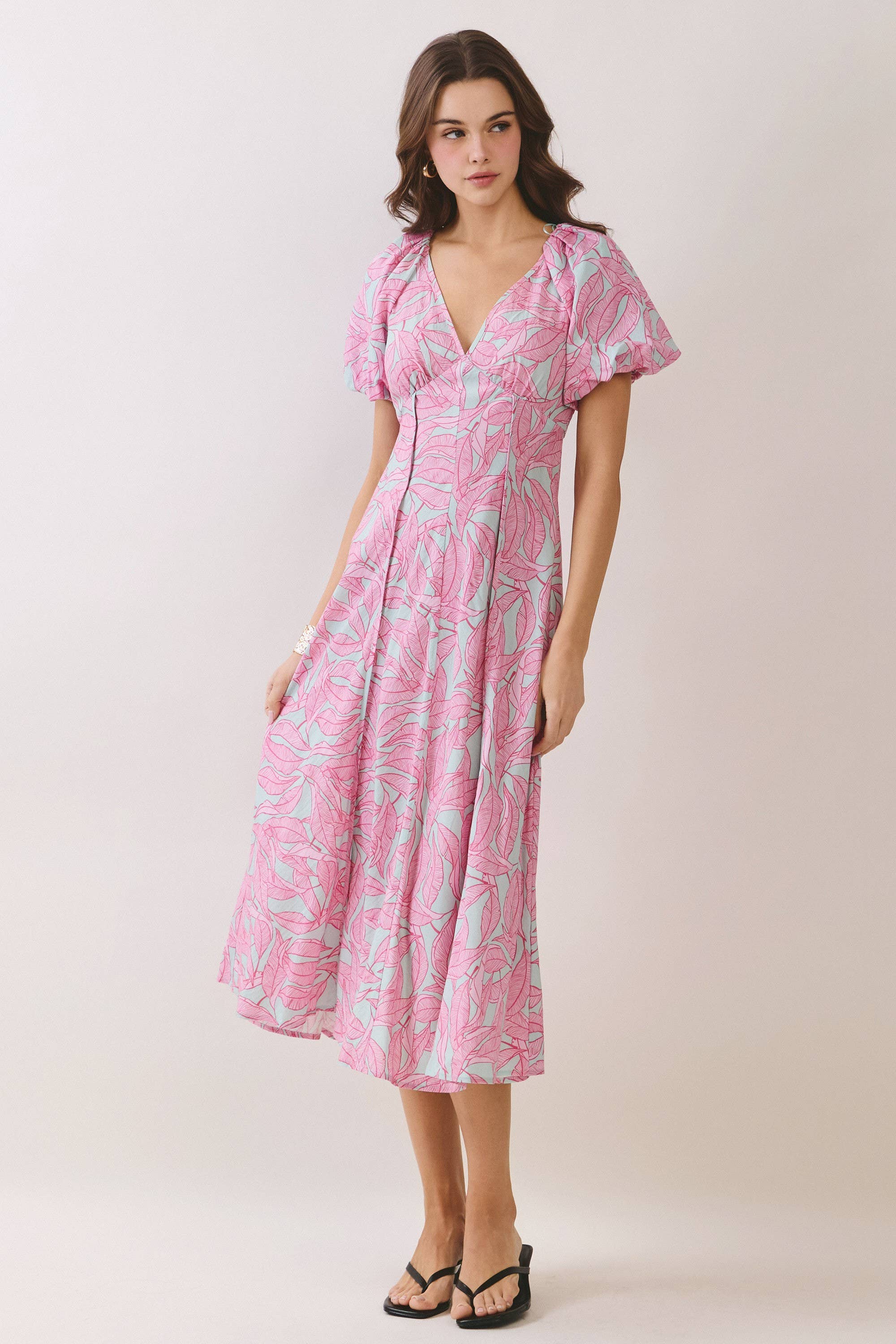 Pink Tropical Puff Sleeve Midi Dress