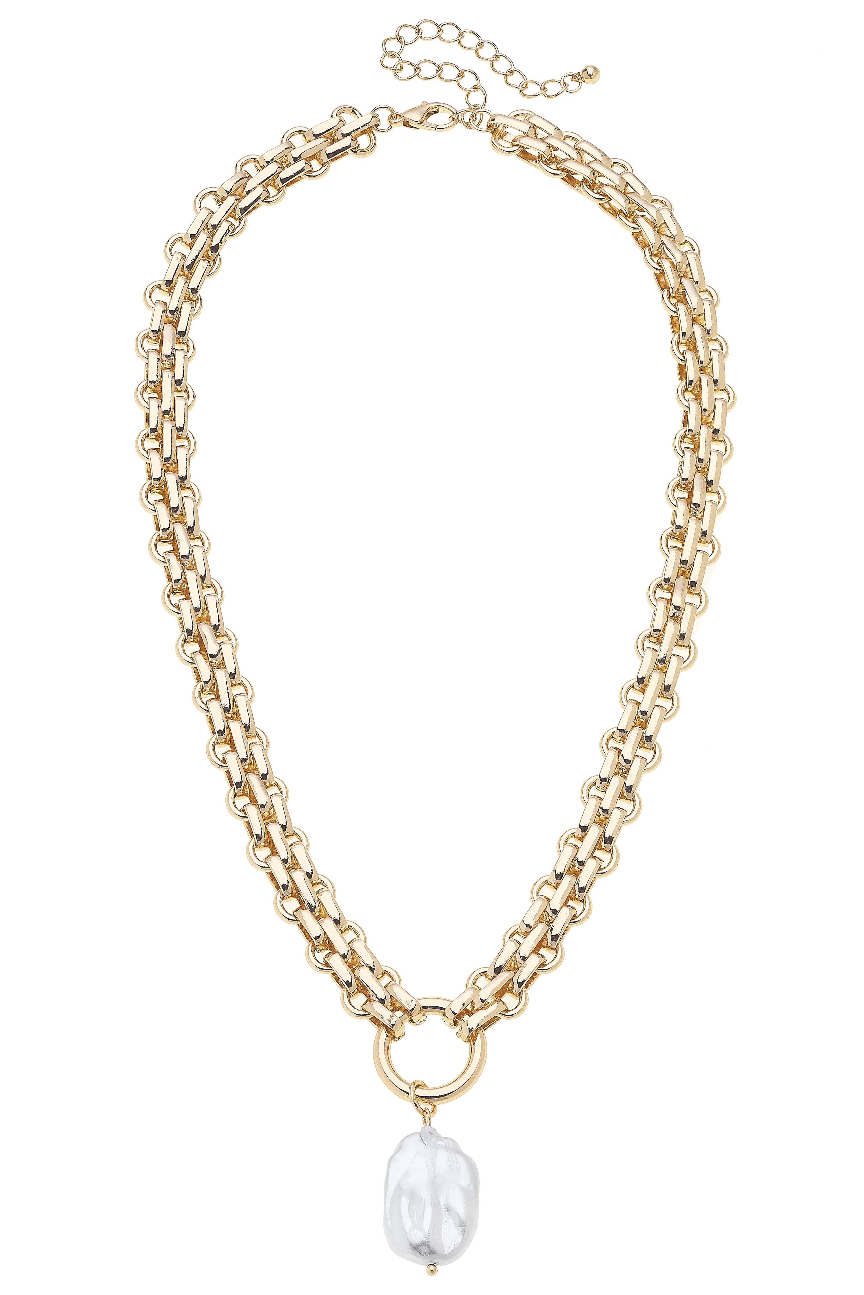 Lucille Chunky Link Pearl Pendant Necklace in Shiny Gold