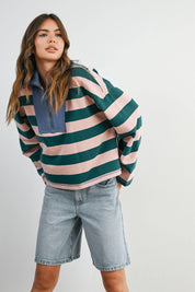 Green Striped Quarter-Zip Contrast Collar Sweatshirt