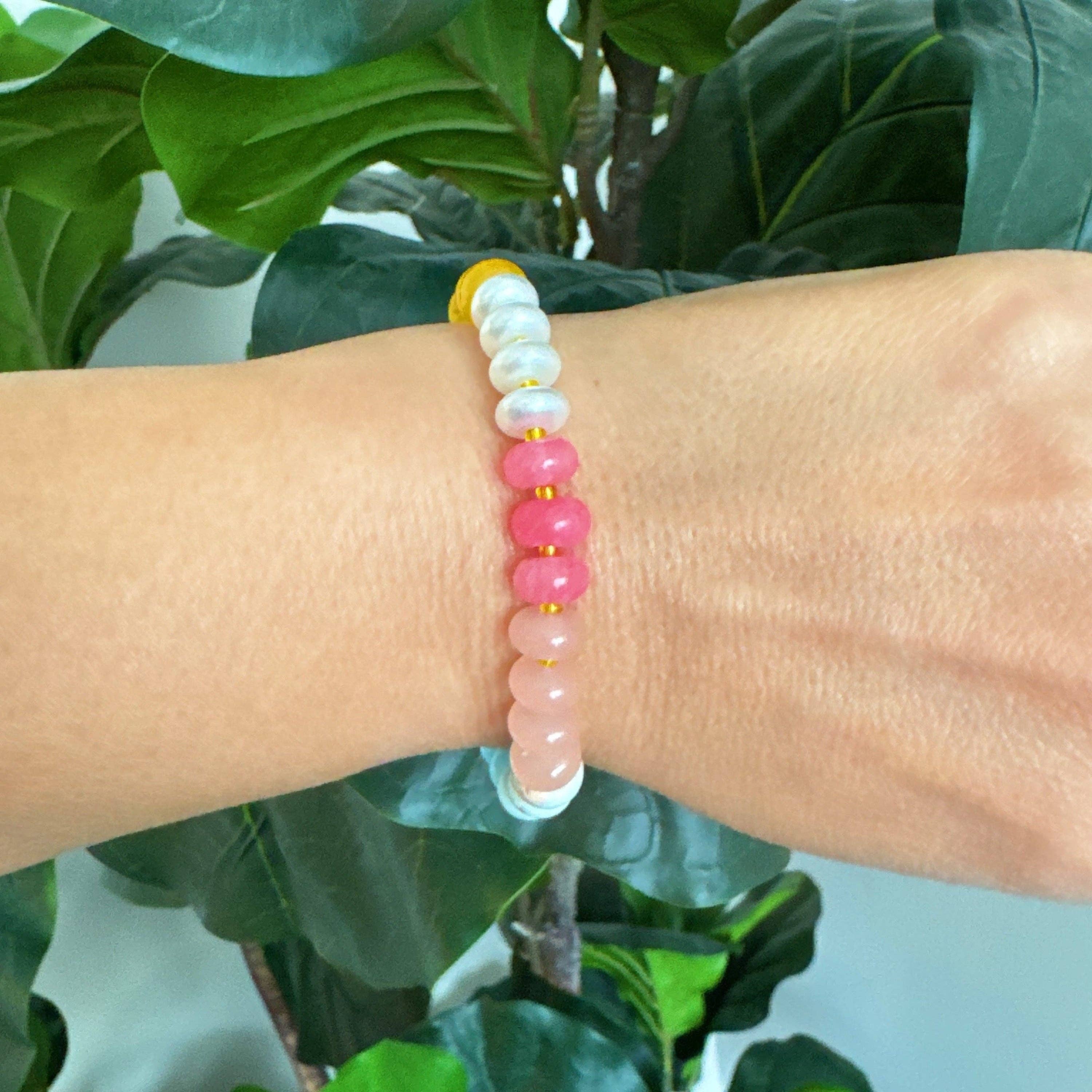 Color Garden Stone Beaded Stretch Bracelet showing smooth polished rondelle stone beads about 8 mm across