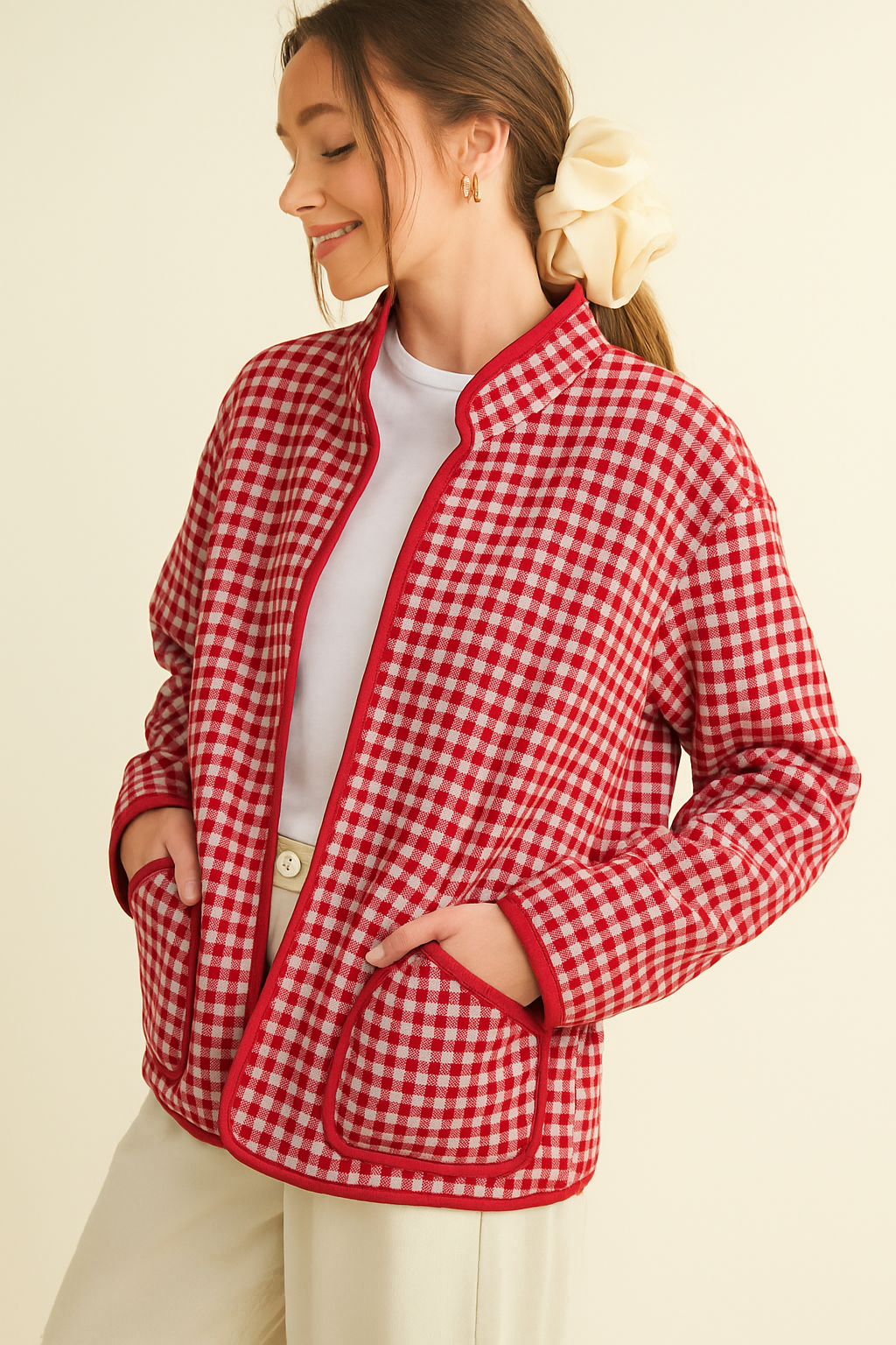 Red Quilted Gingham Jacket — color: red gingham with red trim and quilted throughout