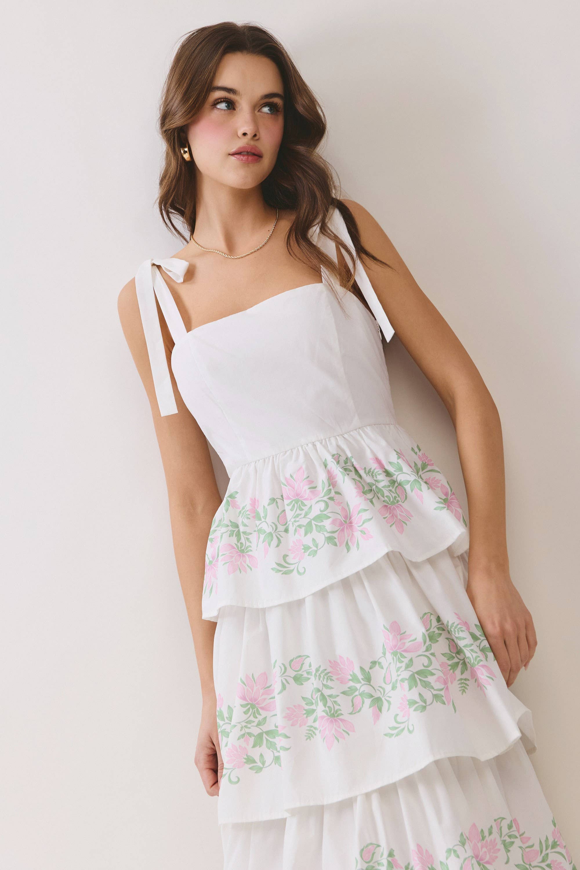 White Floral Ribbon Tiered Maxi Dress