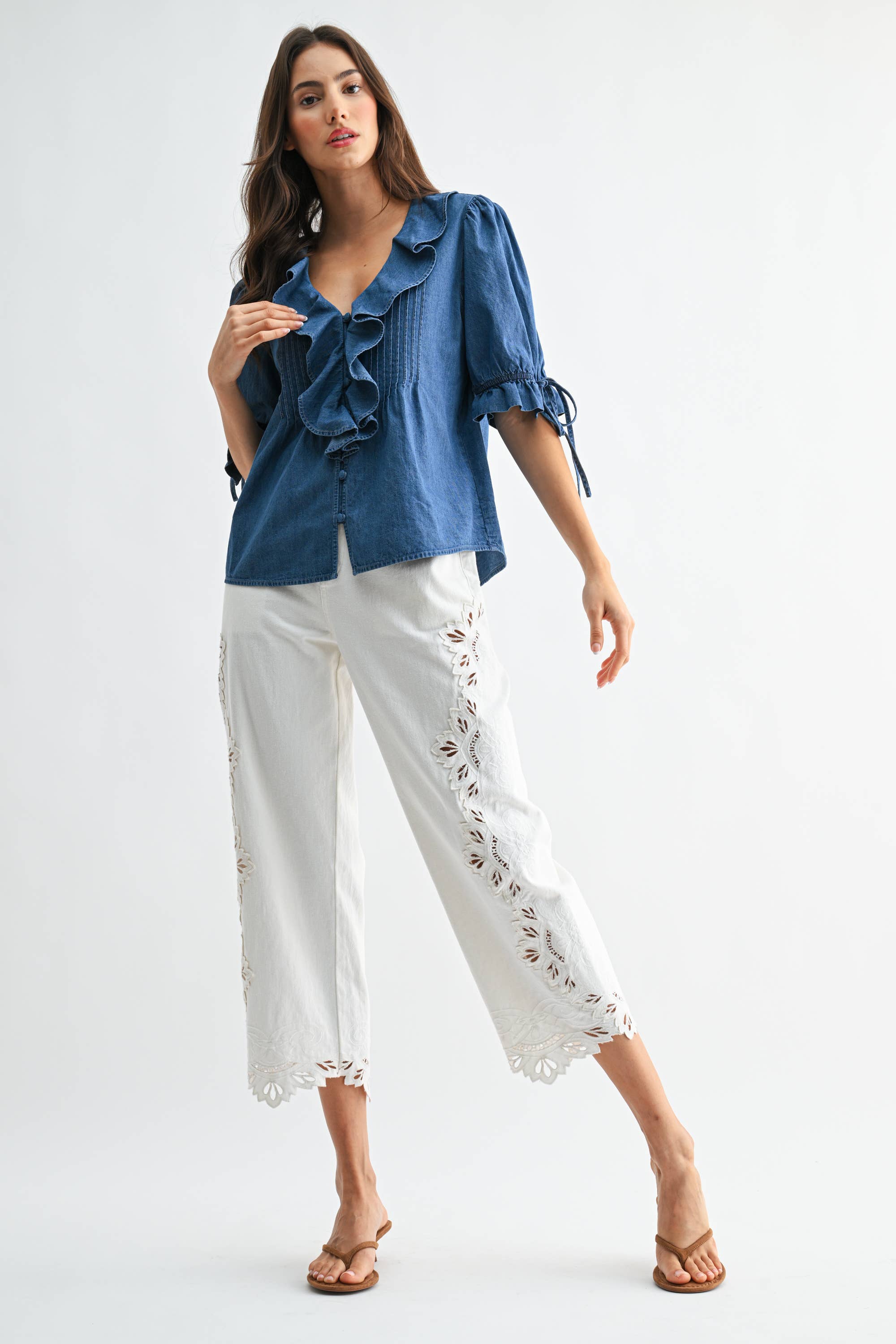 Denim Pleated Ruffle Blouse