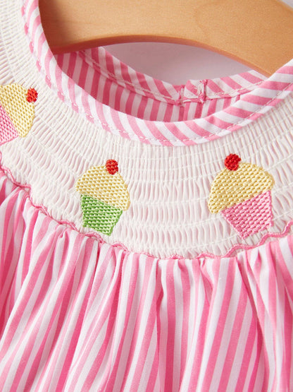 Girls Striped Smocking Embroidered Pink