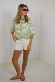 Green Striped Crochet Short Sleeve Cardigan