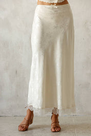 Ivory Satin Lace Trim Midi Skirt