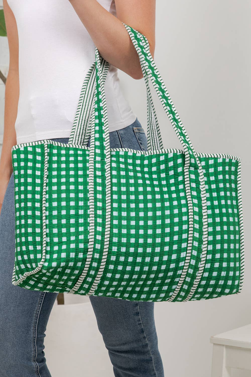 Green Checker Quilted Tote Bag