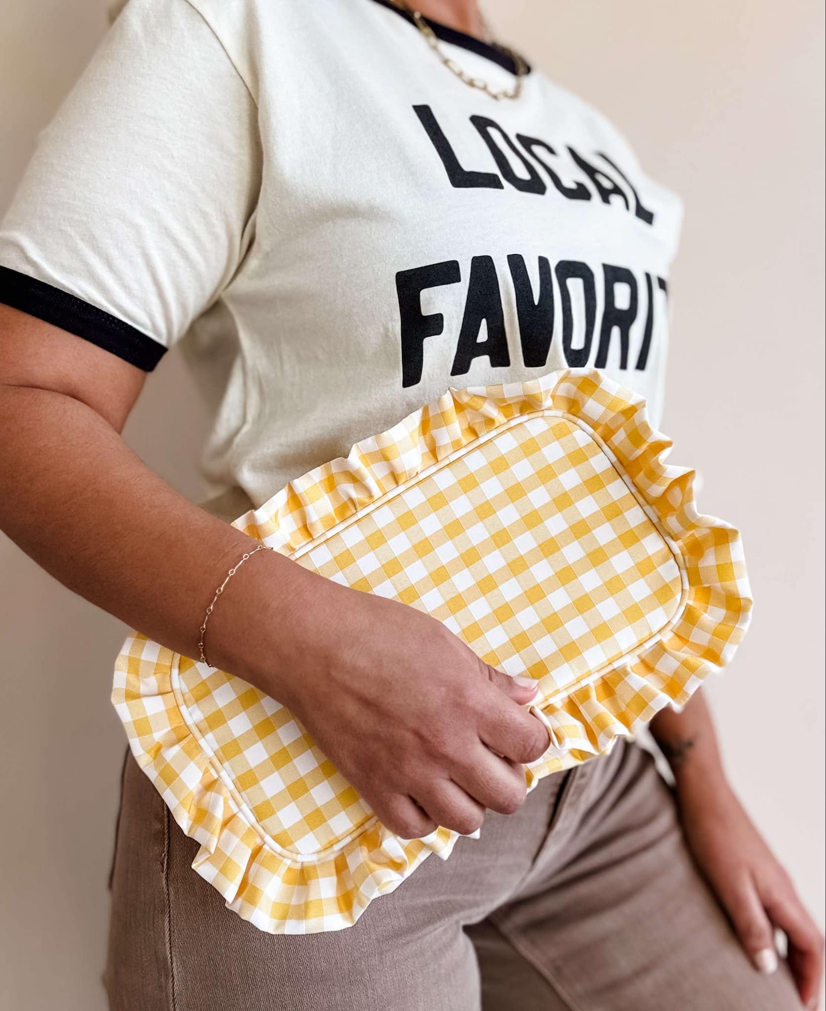 Green Gingham Frilly Makeup Bag showing lining on the inside for easy cleanup