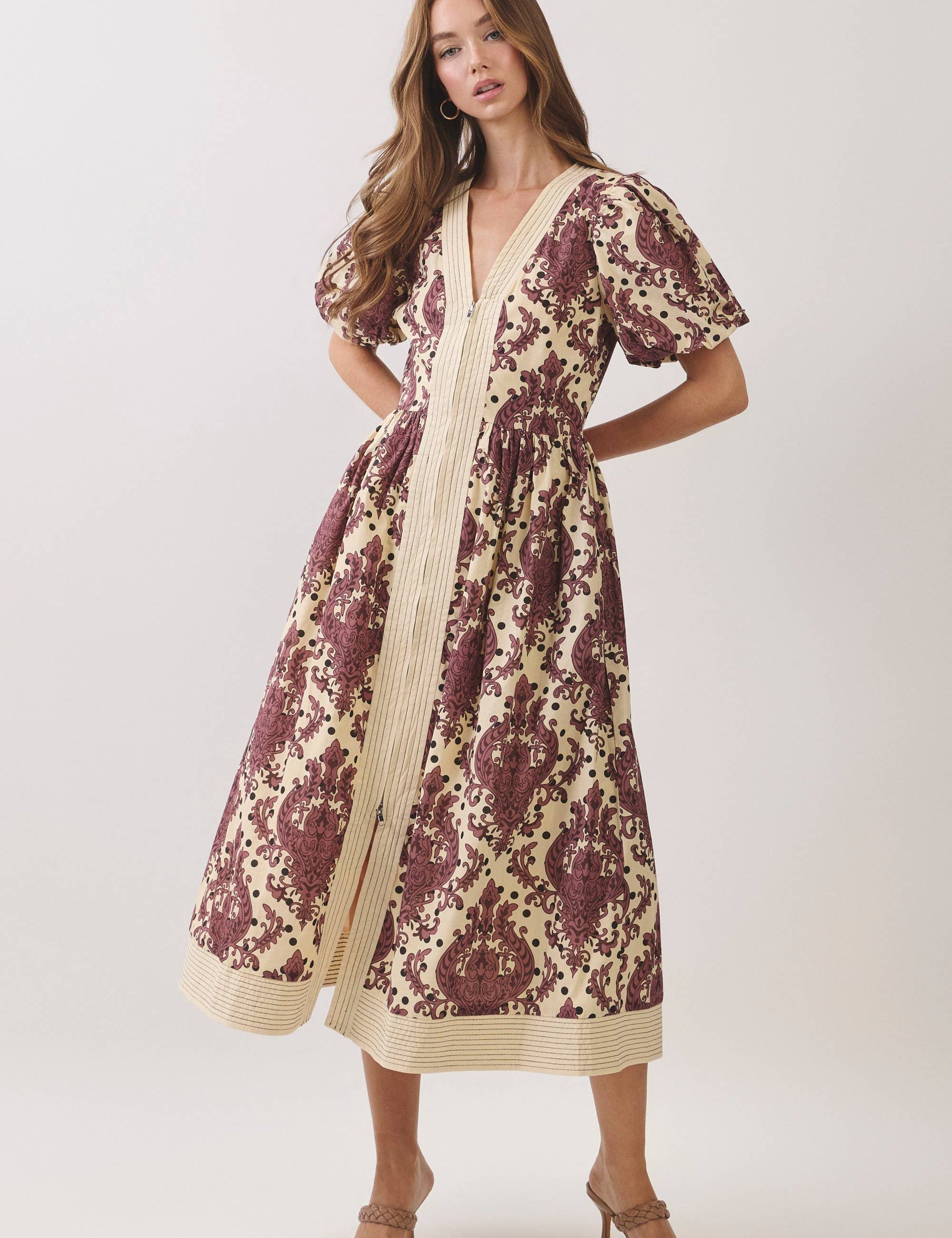 Cream & Burgundy Paisley Midi Dress showing short puff sleeves