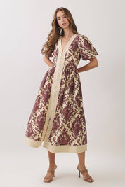 Cream & Burgundy Paisley Midi Dress showing short puff sleeves