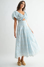 Blue Eyelet Puff Sleeve Maxi Dress