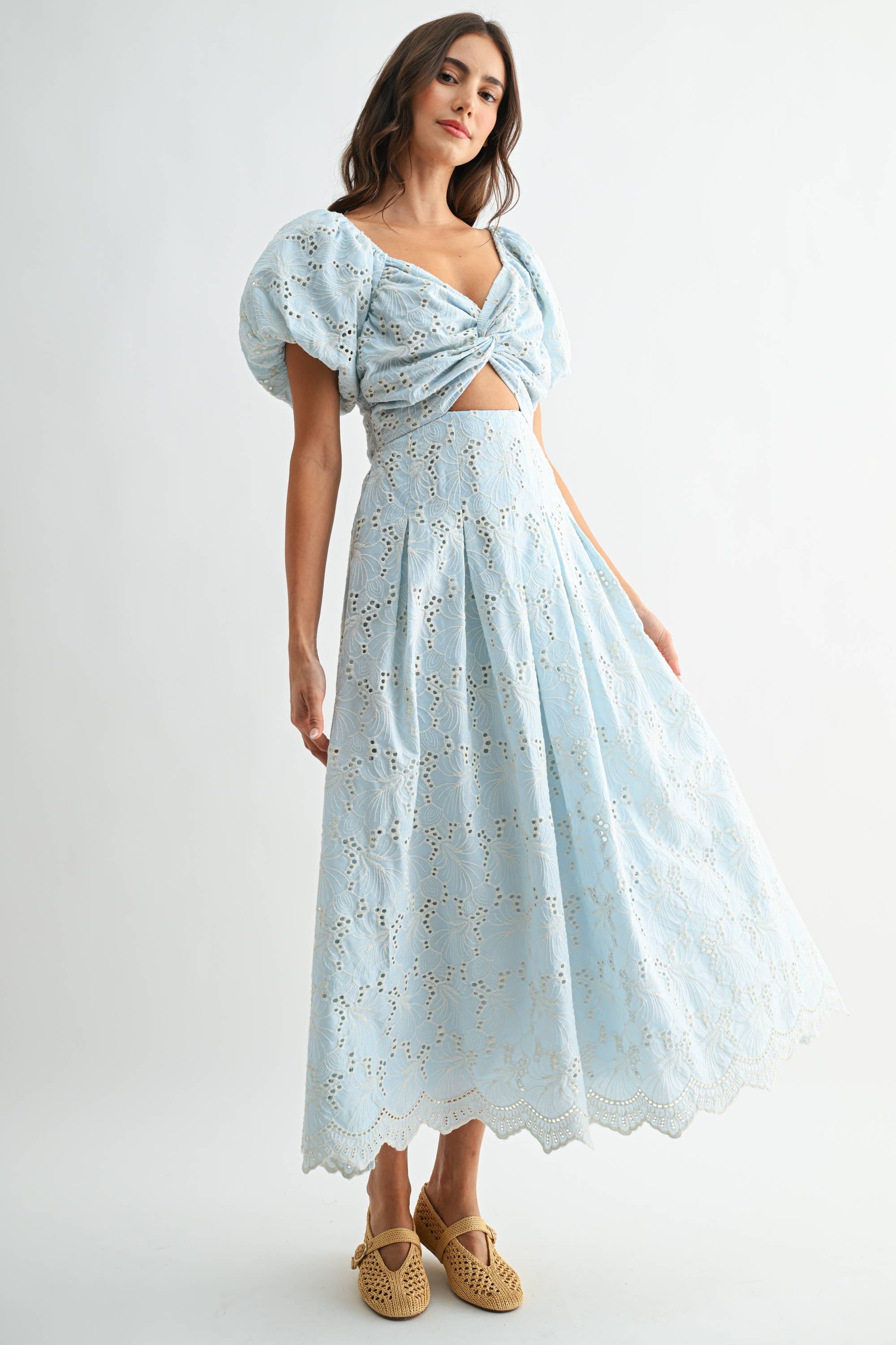 Blue Eyelet Puff Sleeve Maxi Dress