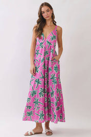 Pink & Green Tropical Maxi Dress