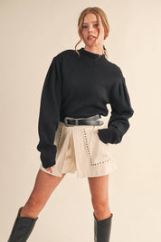 Black Mock Neck Puff Sleeve Sweater