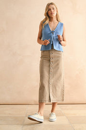 Gray Button Front Washed Skirt