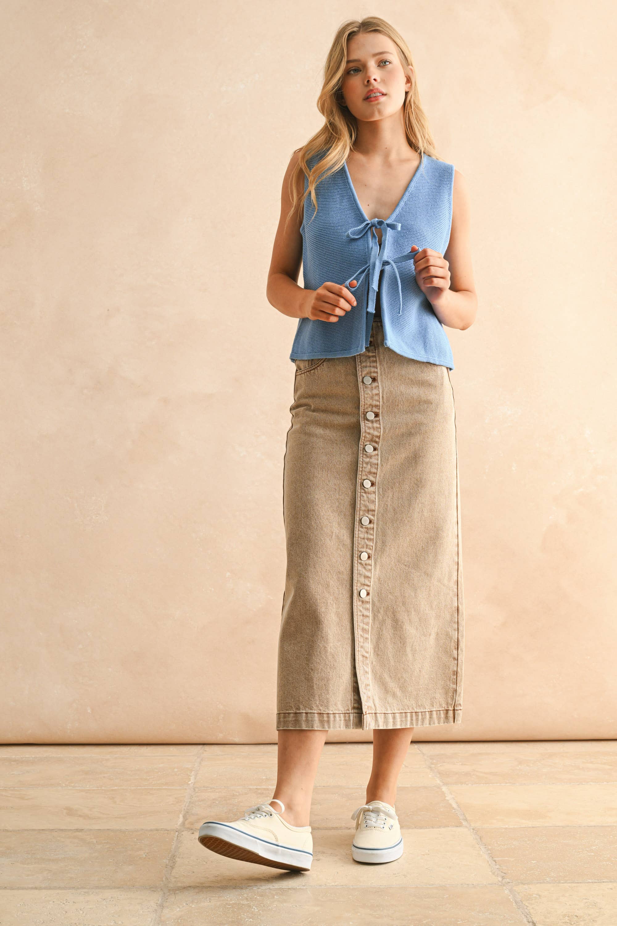 Gray Button Front Washed Skirt