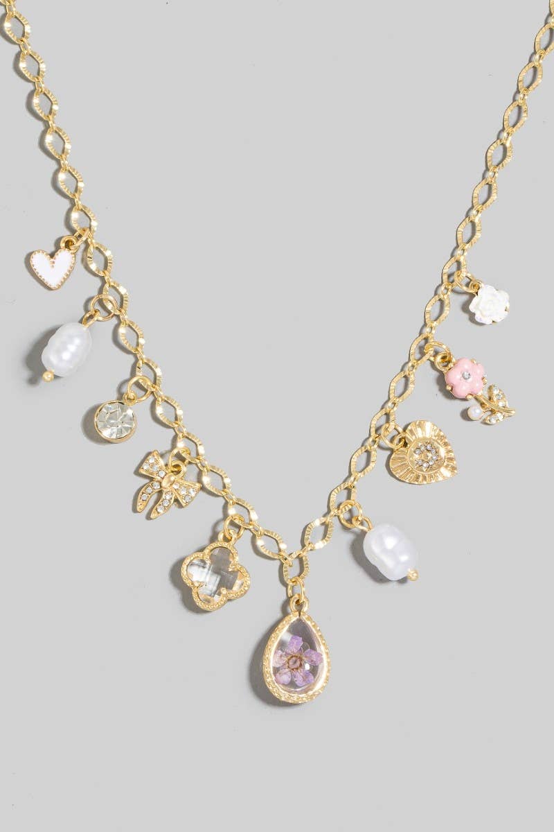 Heart Pearl And Floral Charms Chain Necklace