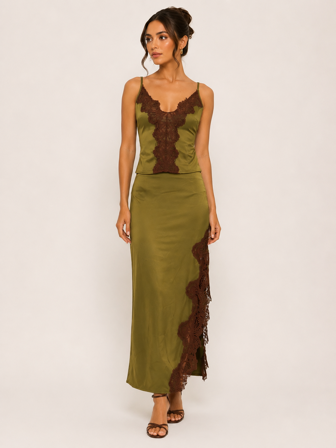 Green Lace Trim Skirt Set — maxi skirt and spaghetti strap top