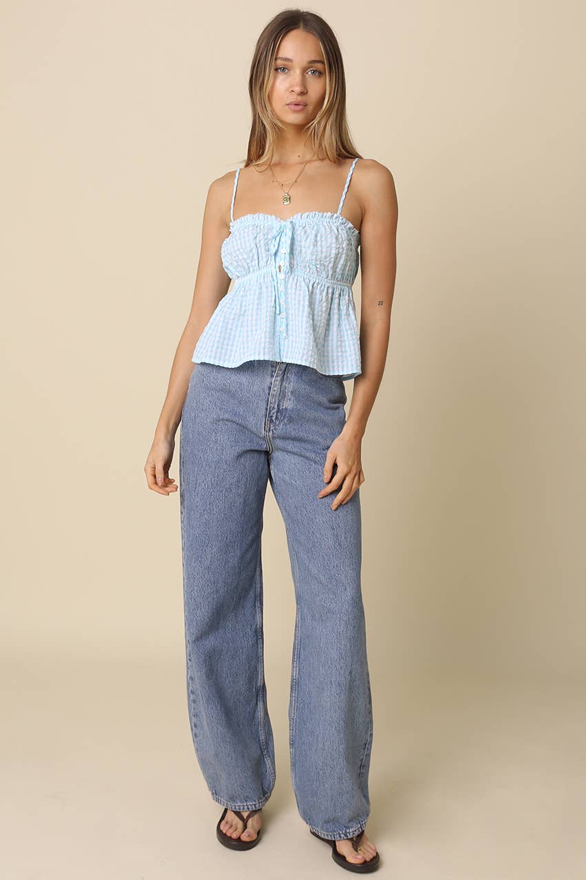 Blue Button-Front Peplum Cami Top