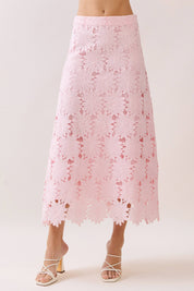 Pink Floral Lace Scalloped Midi Skirt