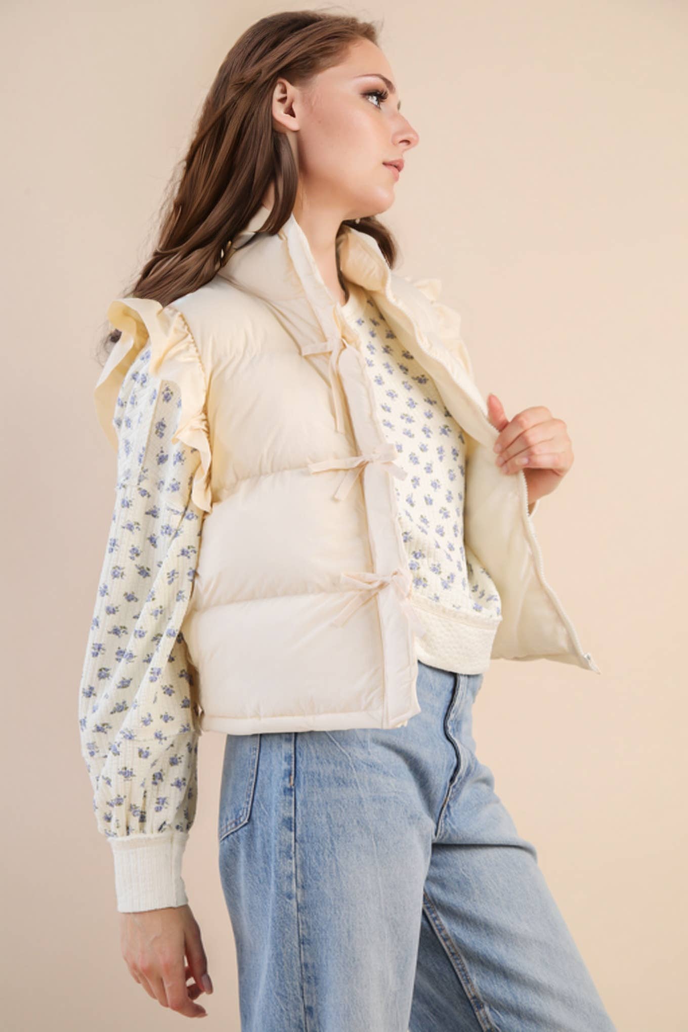 Cream Front Bow Puffer Vest