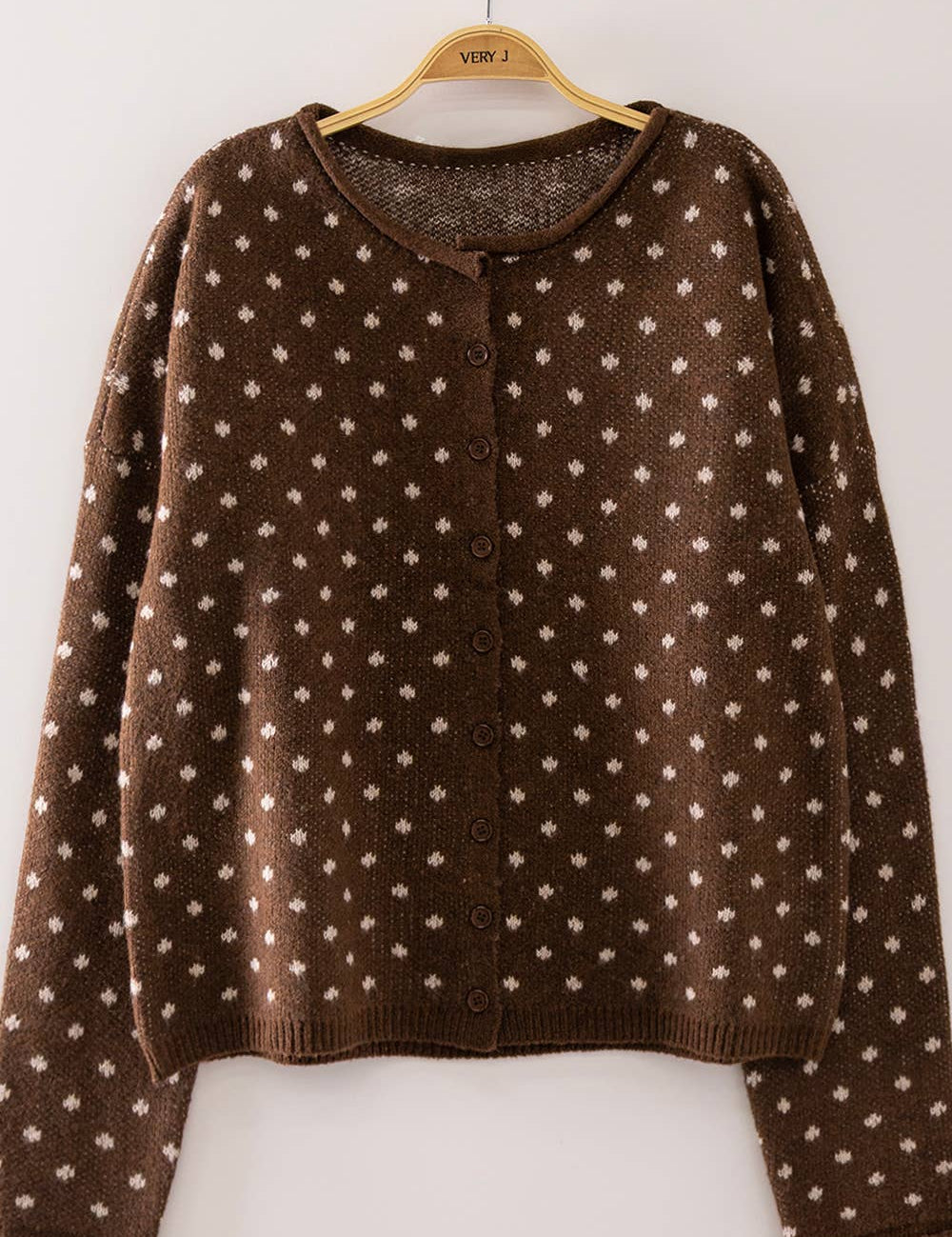 Dark Brown Polka Dot Sweater — round neckline and drop shoulder