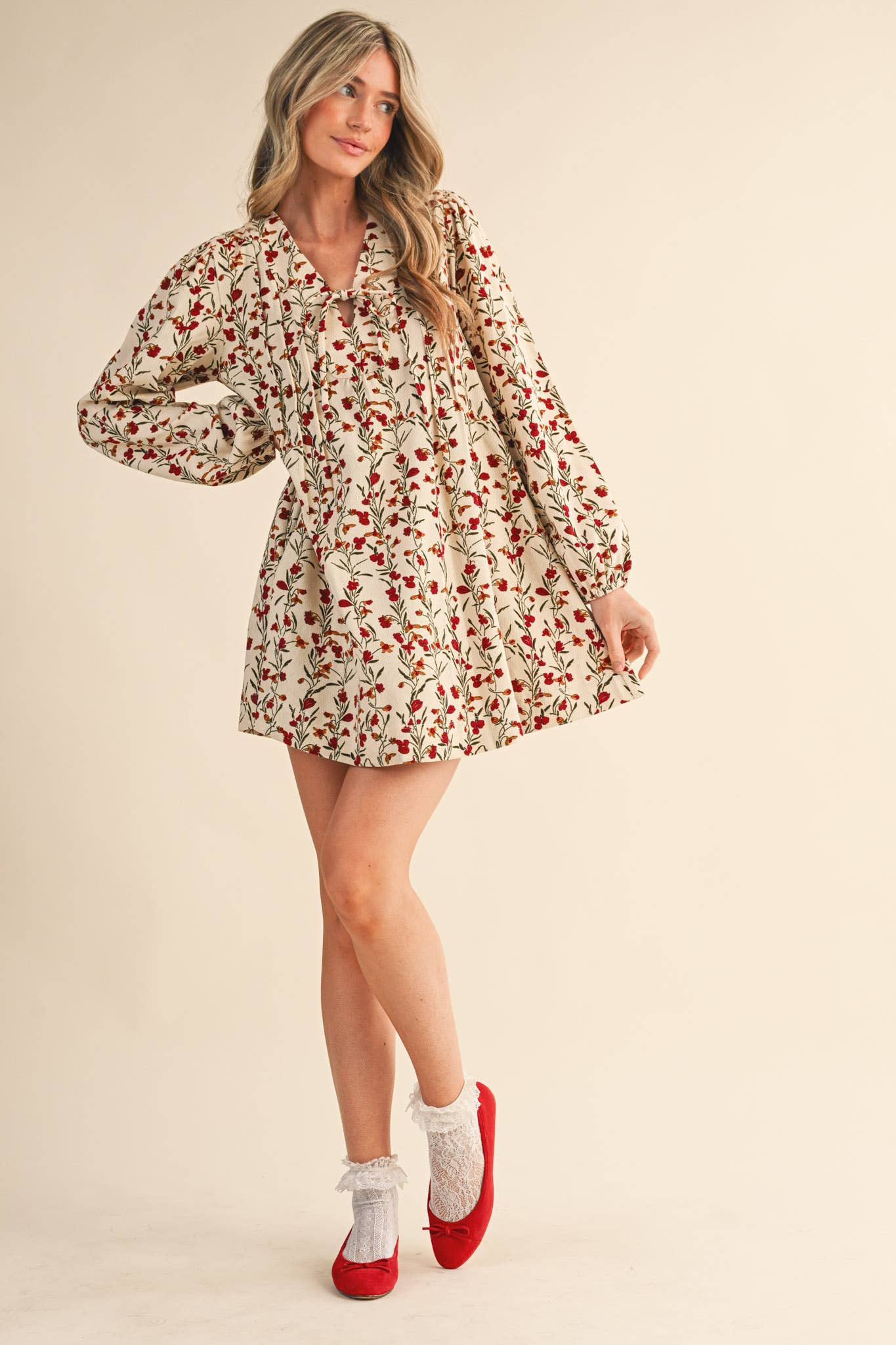 Cream Floral Corduroy Mini Dress