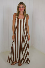 Brown & Cream Stripe Open-Back Maxi Dress