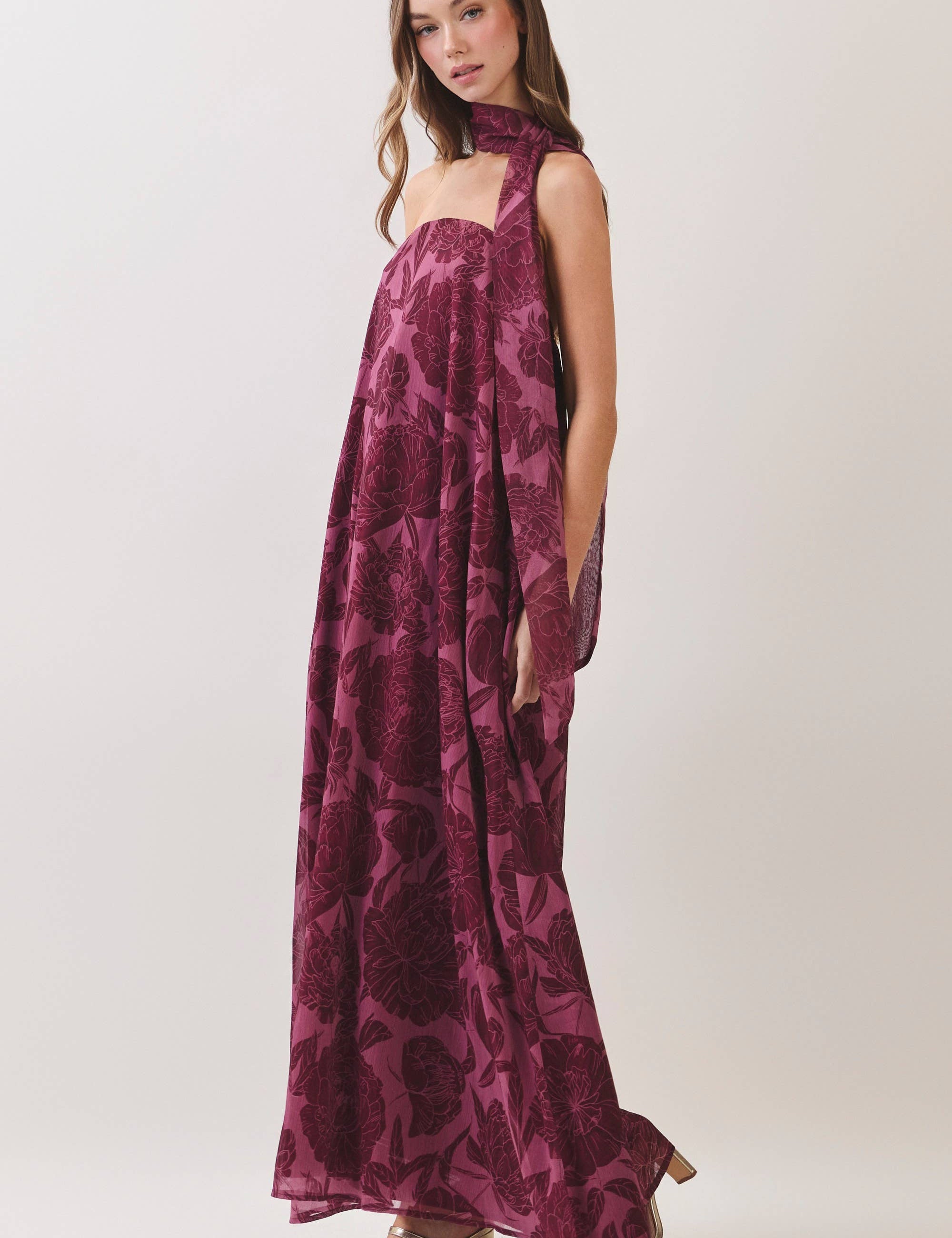 Purple Floral Print Scarf Maxi Dress showing floral