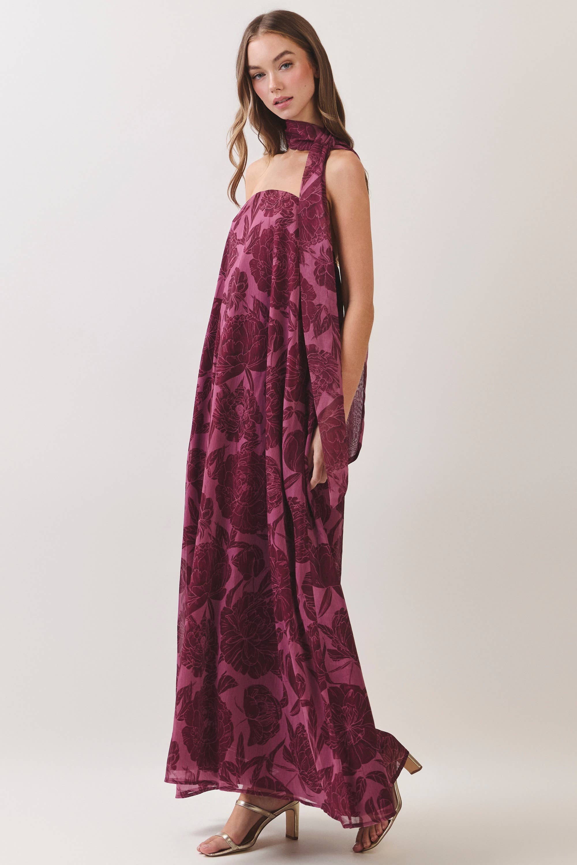 Purple Floral Print Scarf Maxi Dress