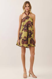 Olive Floral Velvet Halter Mini Dress