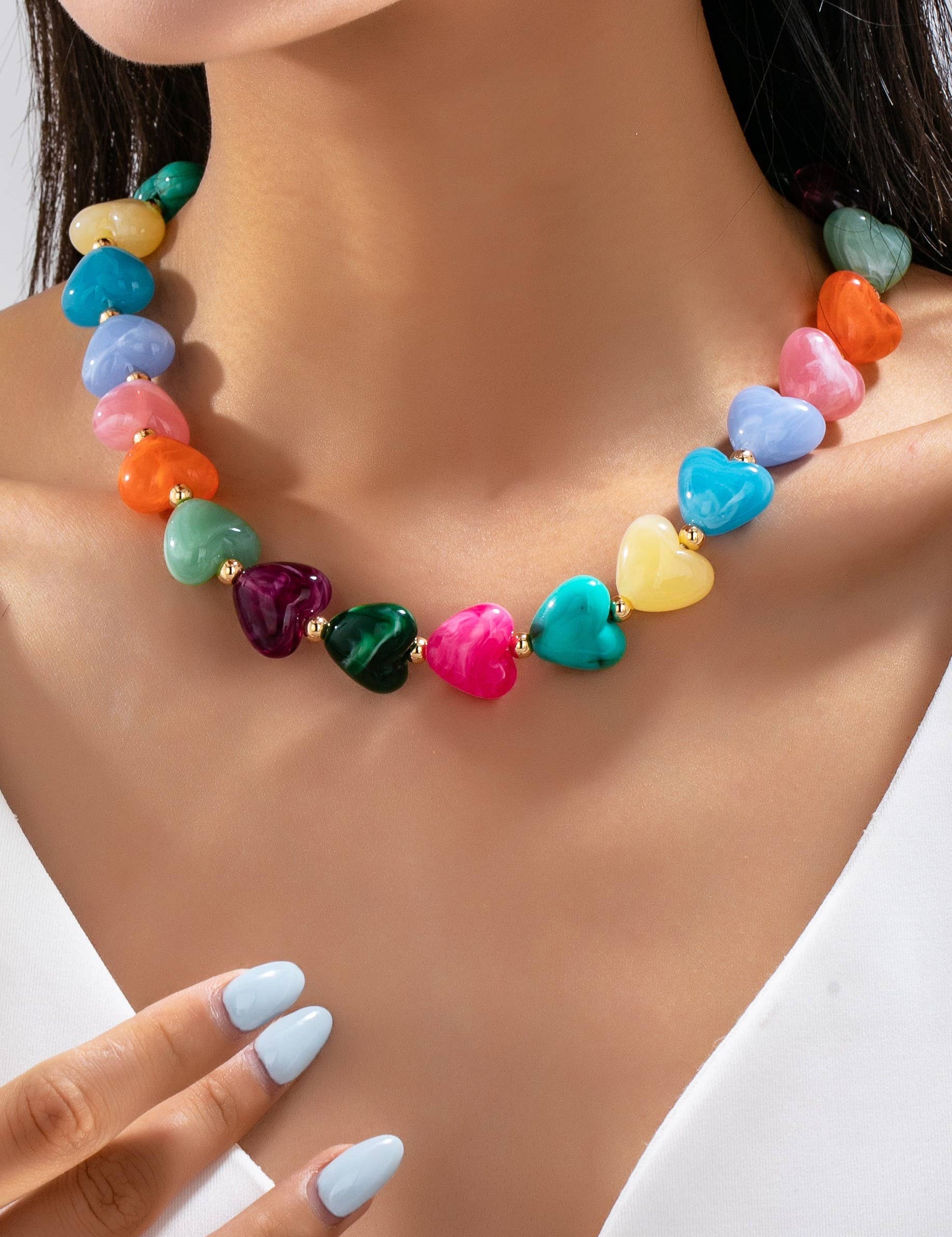 Multi-Color Heart Bead Necklace — length: 17" and clasp: lobster clasp