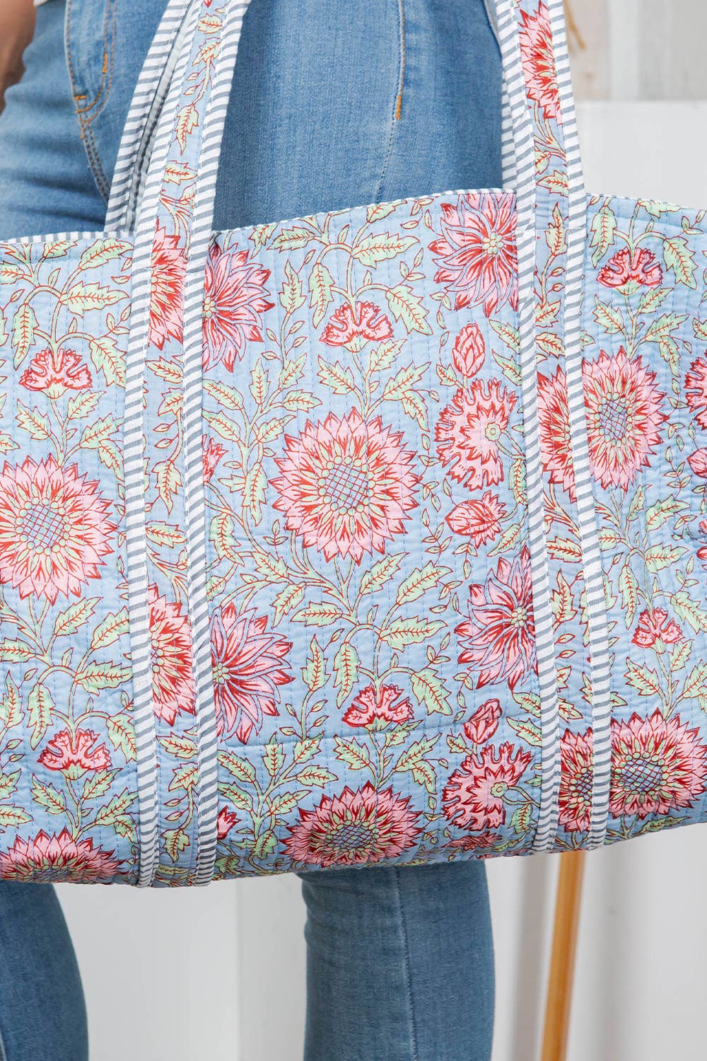 Lt Blue Floral Quilted Tote Bag