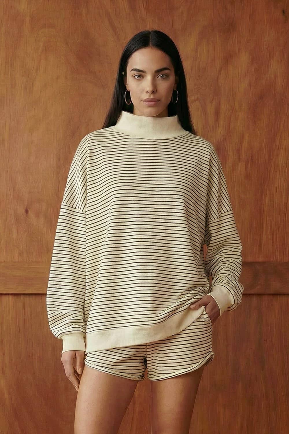 Cream Striped MockNeck Sweatshirt