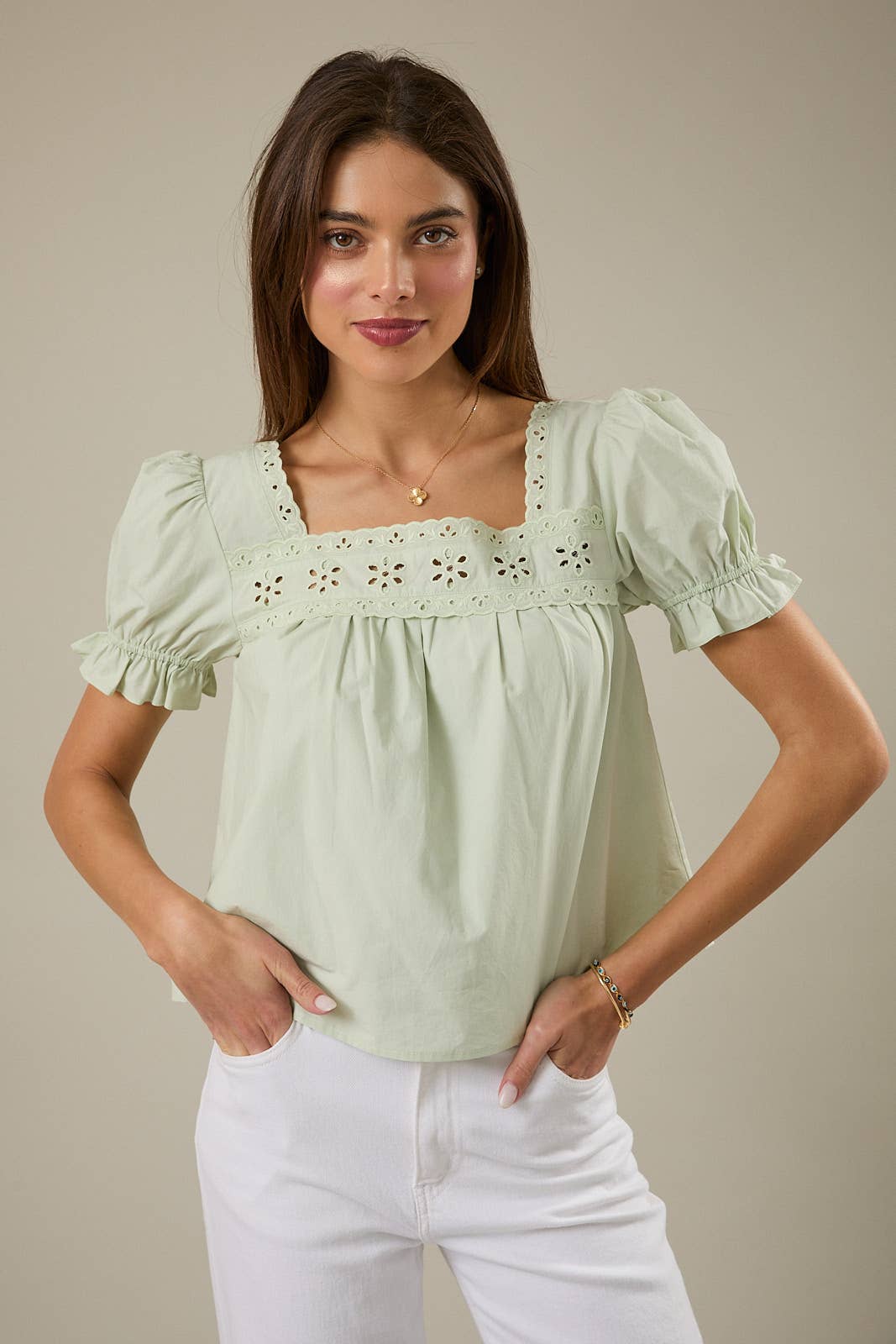 Green Square Neck Eyelet Blouse