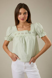 Green Square Neck Eyelet Blouse