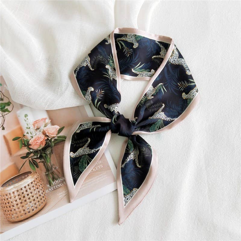 Navy Crane Print Skinny Twilly Scarf