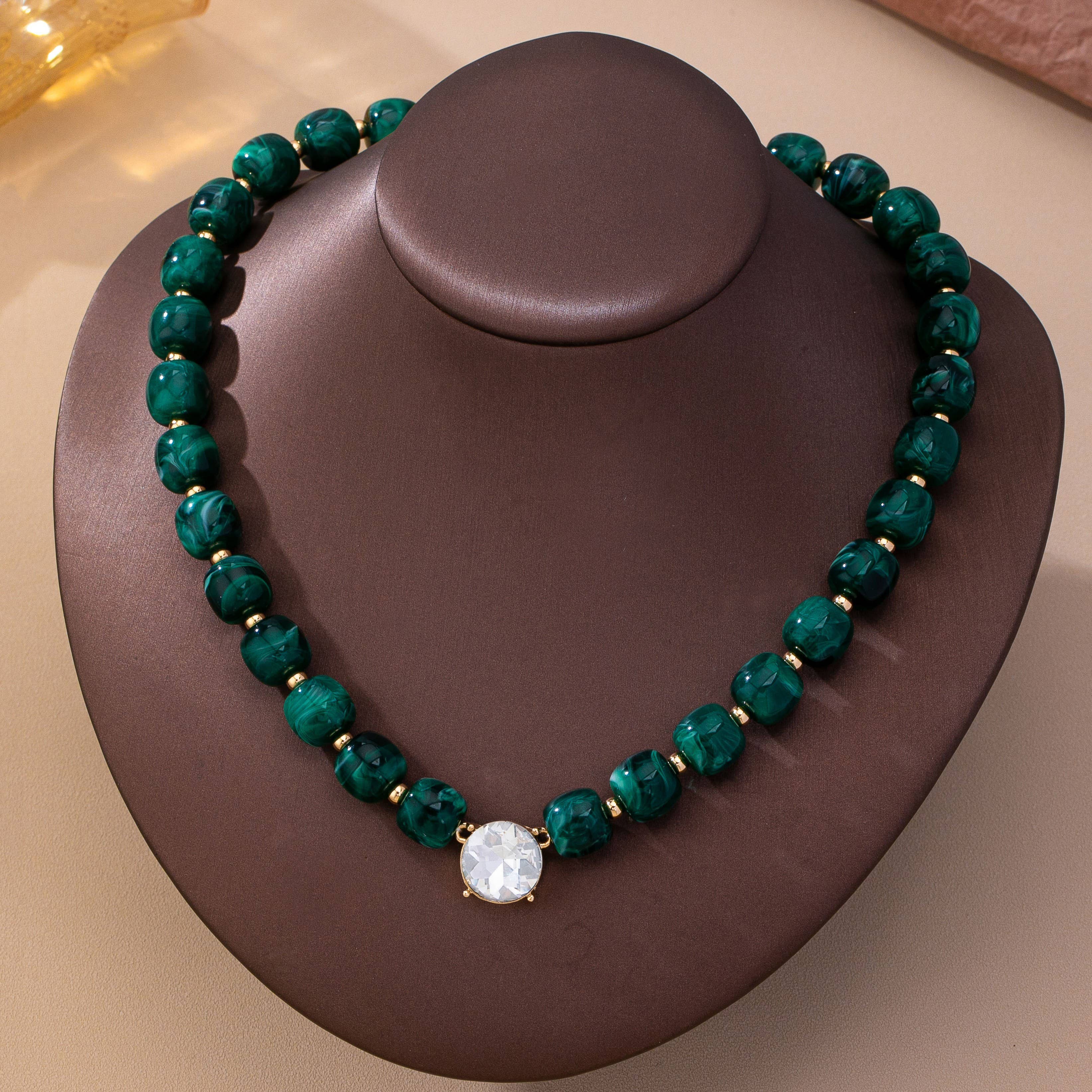 Green Resin Bead Crystal Pendant Necklace