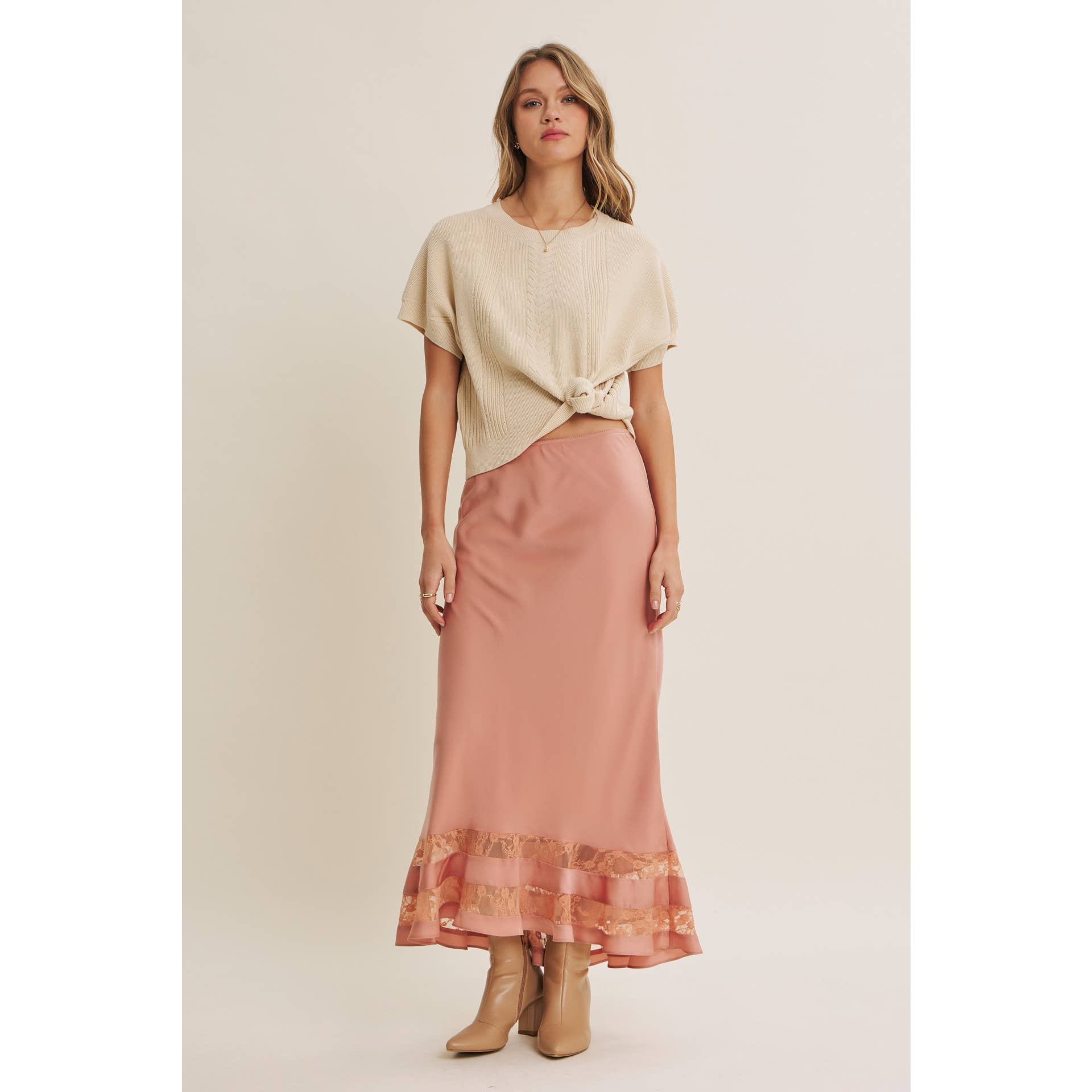 Coral Satin Lace Maxi Skirt